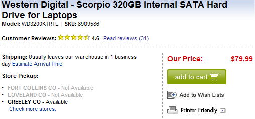 Screenshot of the product listing for the hard drive listed at a price of $79.99.