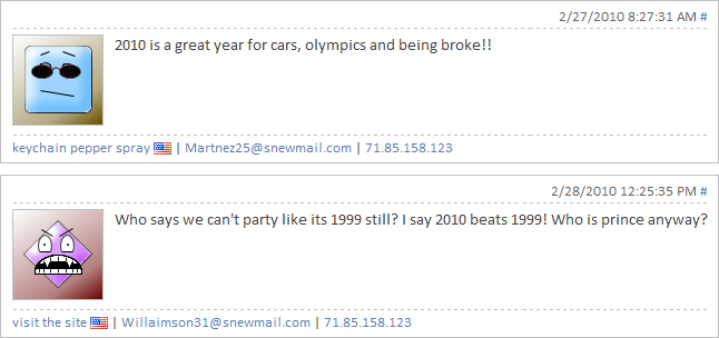 Screenshot of a spam comment replying to another comment about the year 2010 and parying like it's 1999 with different email addresses but originating from the same IP address.