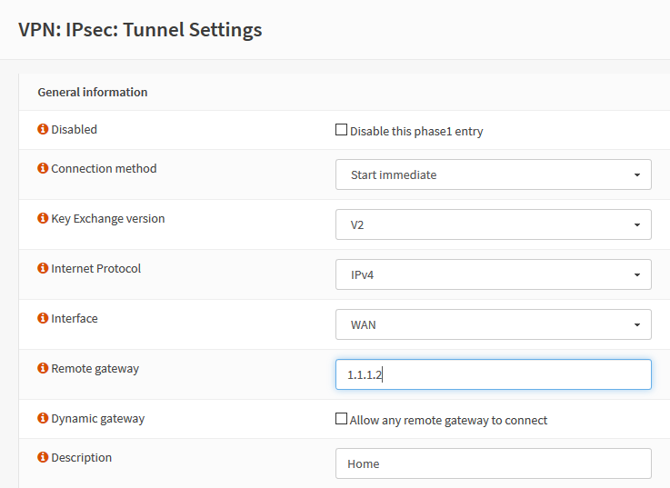 Screenshot of the OPNsense VPN IPsec Phase 1 settings configuration page with the cursor focused in the "Remote Gateway" input field with an updated IP address of 1.1.1.2.