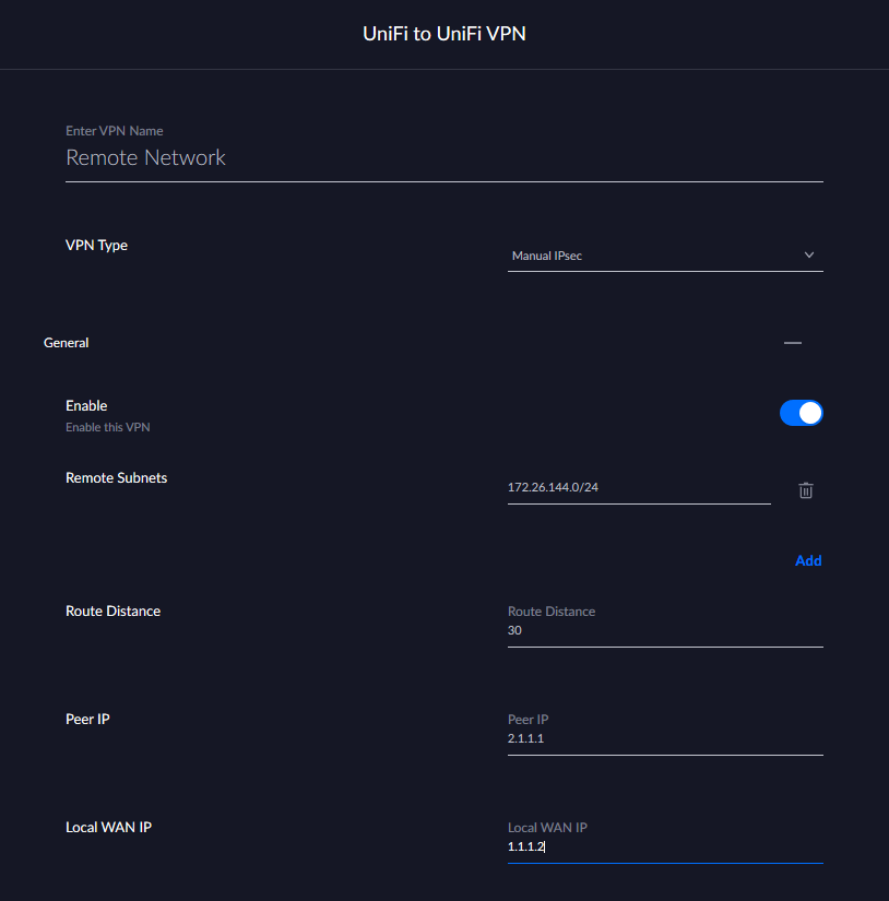Screenshot of the UniFi Network Controller remote network VPN connection settings with the cursor focused in the Local WAN IP input field with an updated IP address of 1.1.1.2.
