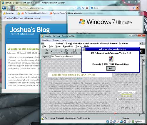 Screenshot of Internet Explorer 7 running behind a VirtualBox window running Windows for Workgroups 3.11 showing the "winver" about dialog box.