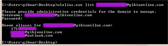 Screenshot of the wlalias tool creating an email alias.